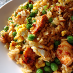 takeout style chicken fried rice with peas and eggs