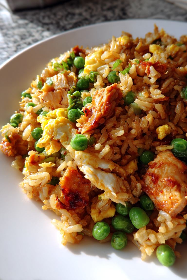 takeout style chicken fried rice with peas and eggs
