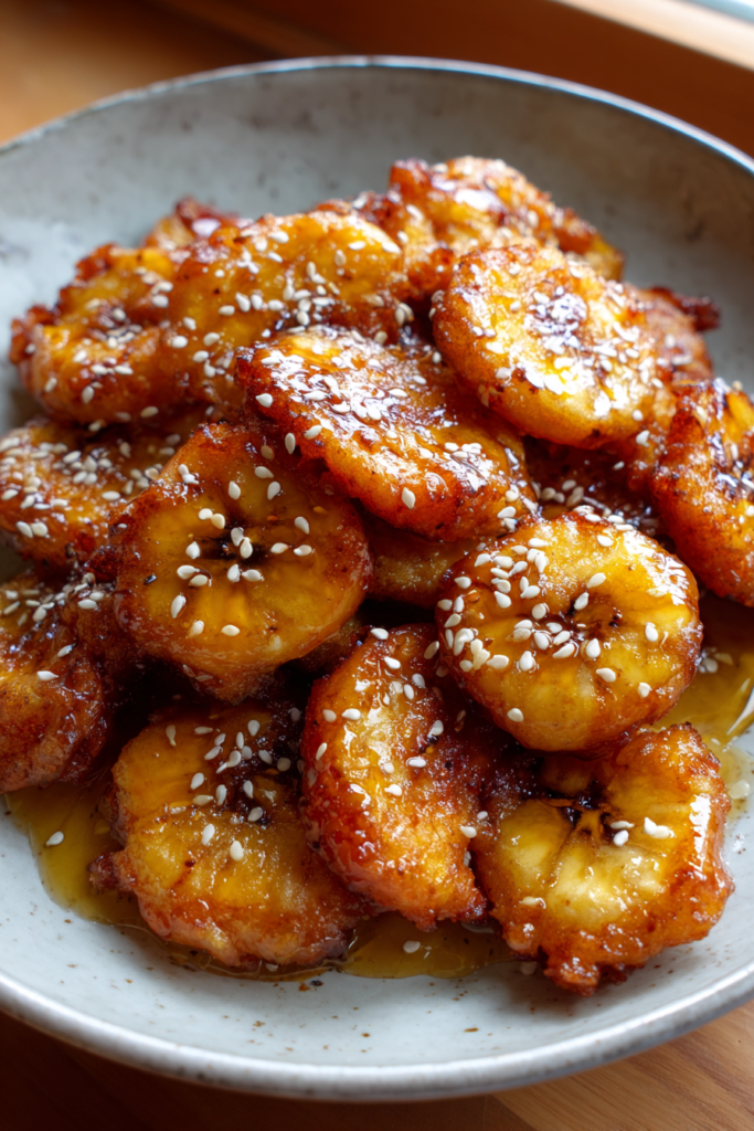 takeout style fried banana fritters with honey drizzle sesame