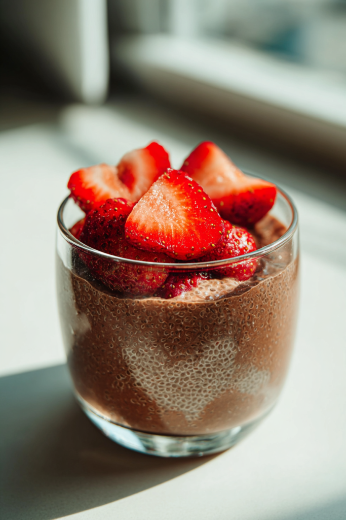 valentine meal prep chocolate chia pudding with strawberries and almond milk