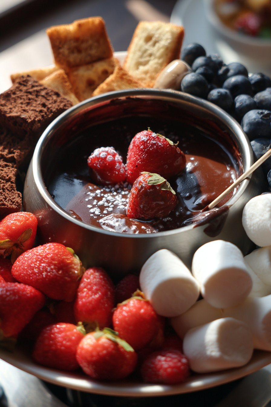 valentine one pot chocolate fondue with berries marshmallows and cake