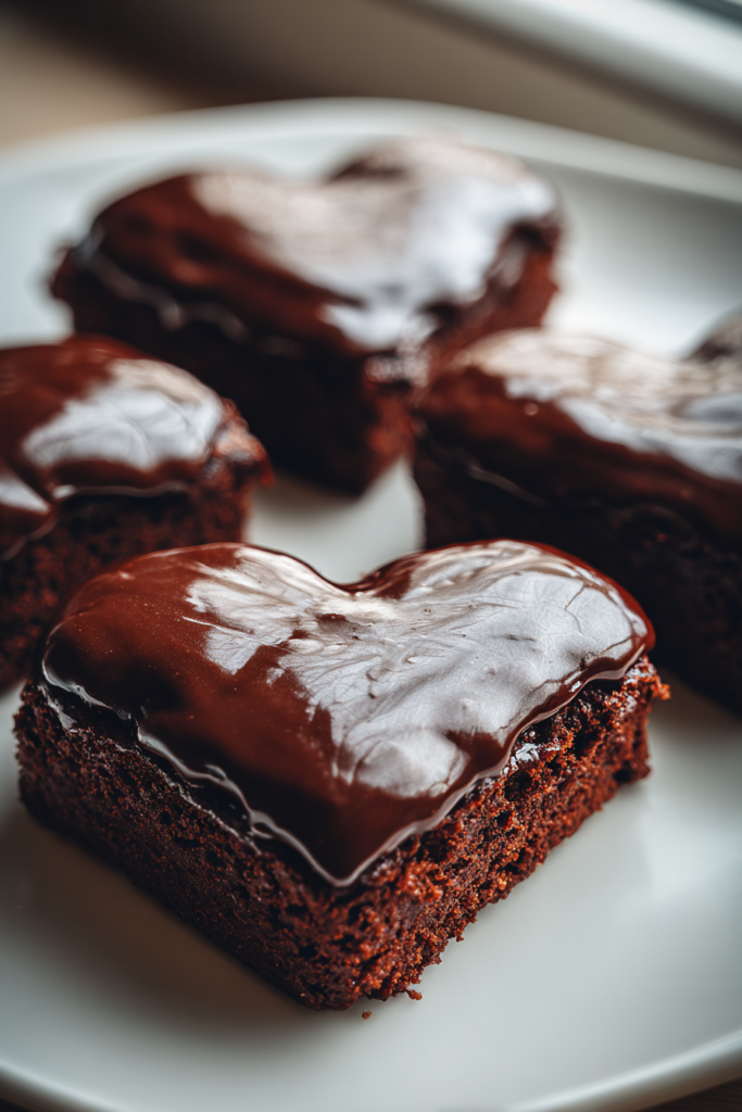 valentine sheet pan brownie hearts with fudgy centers and cocoa glaze