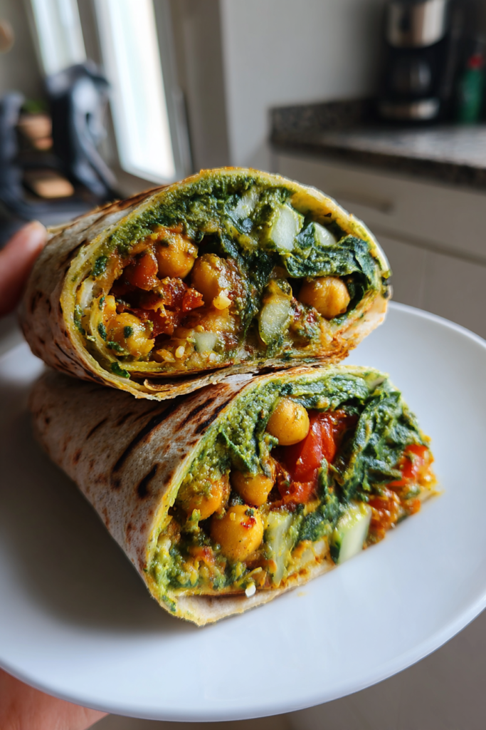 vegan chickpea curry lunch wraps with spinach sauce