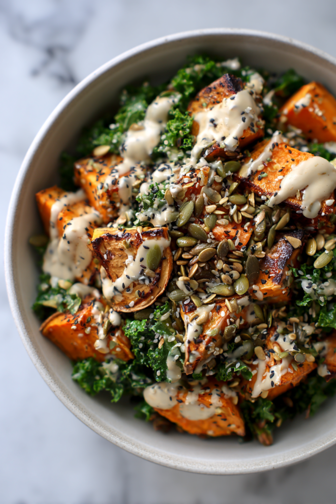 vegan kale sweet potato tahini salad bowls seeds