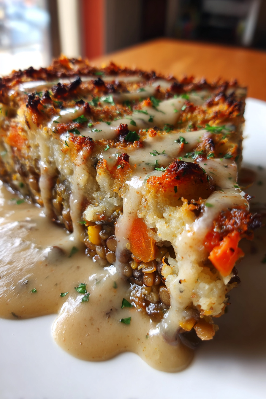 vegan mushroom lentil shepherds pie with mashed potatoes gravy