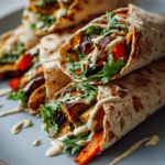 vegan roasted vegetable hummus wraps with tahini drizzle