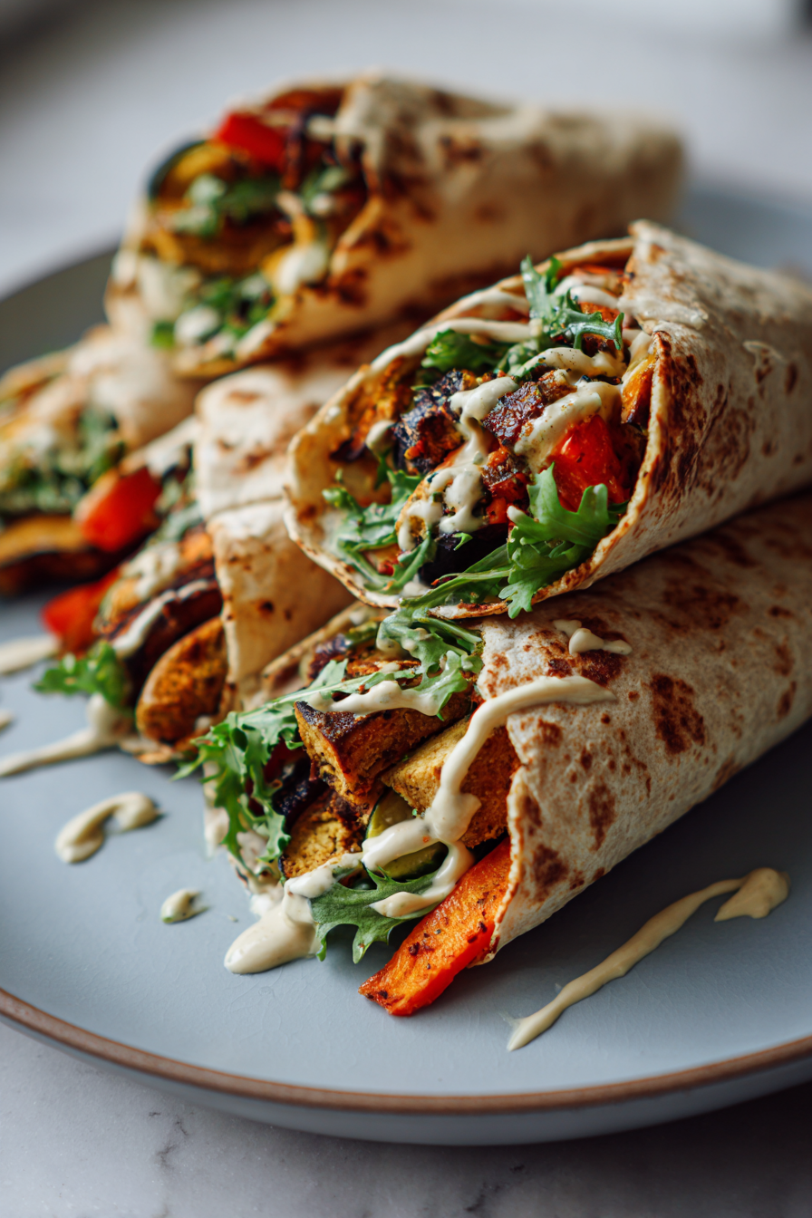 vegan roasted vegetable hummus wraps with tahini drizzle