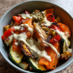 vegan roasted vegetable salad with tahini dressing lemon