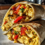vegan tofu scramble breakfast burrito with peppers and onions
