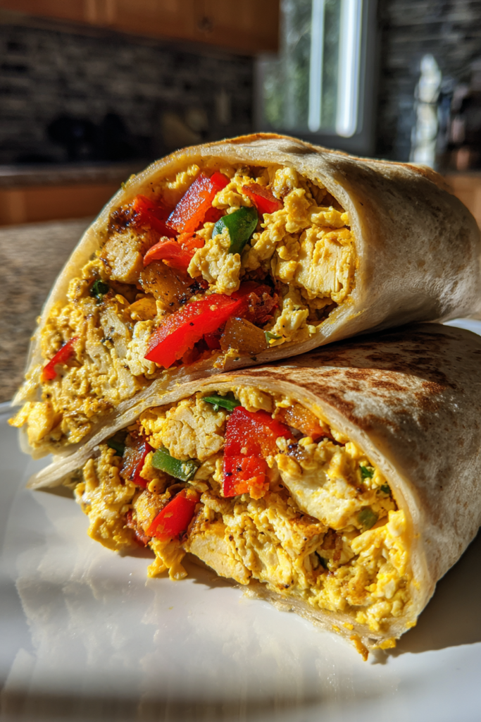 vegan tofu scramble breakfast burrito with peppers and onions