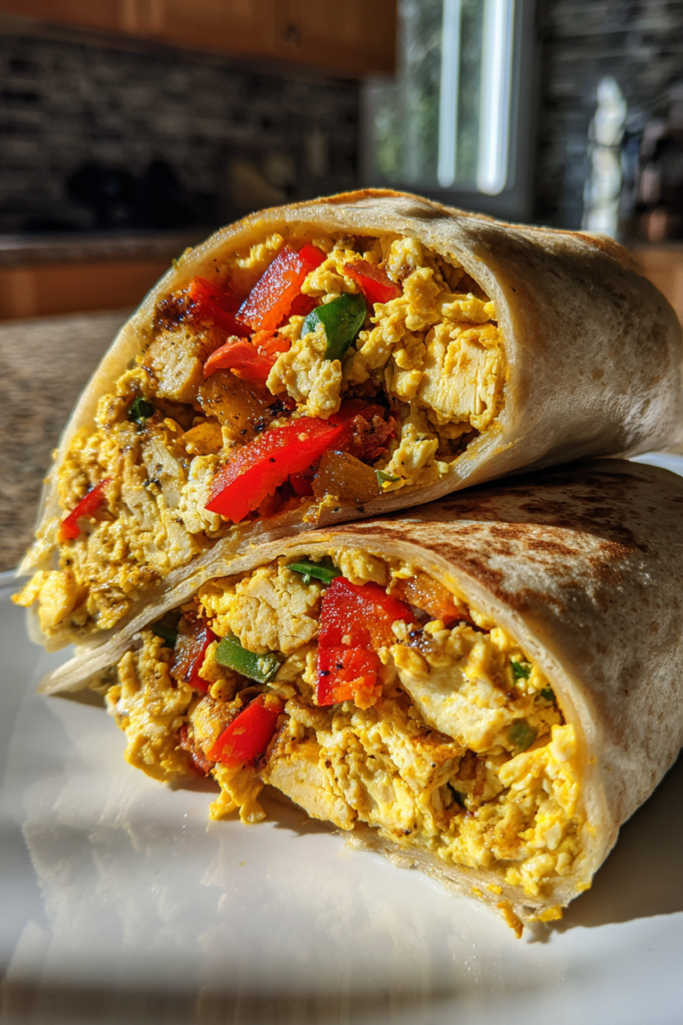 vegan tofu scramble breakfast burrito with peppers and onions