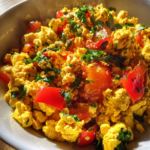 vegan tofu scramble with peppers onions and herbs