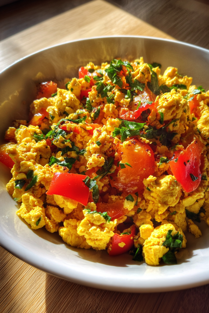 vegan tofu scramble with peppers onions and herbs