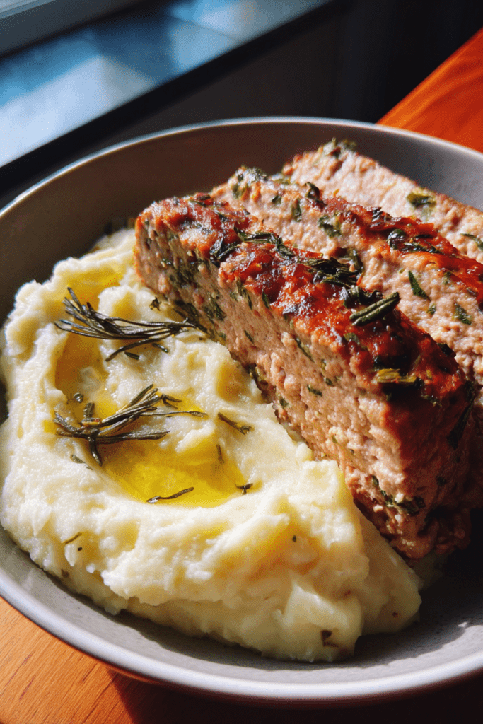 high protein valentine turkey meatloaf with garlic mashed potatoes