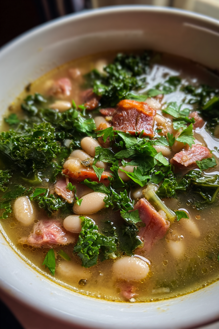 meal prep ham and bean soup with kale and herbs
