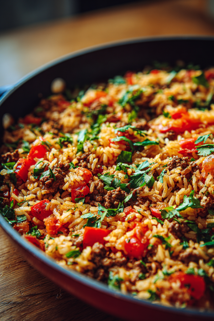 one pot gluten free ground beef rice skillet with tomato herbs