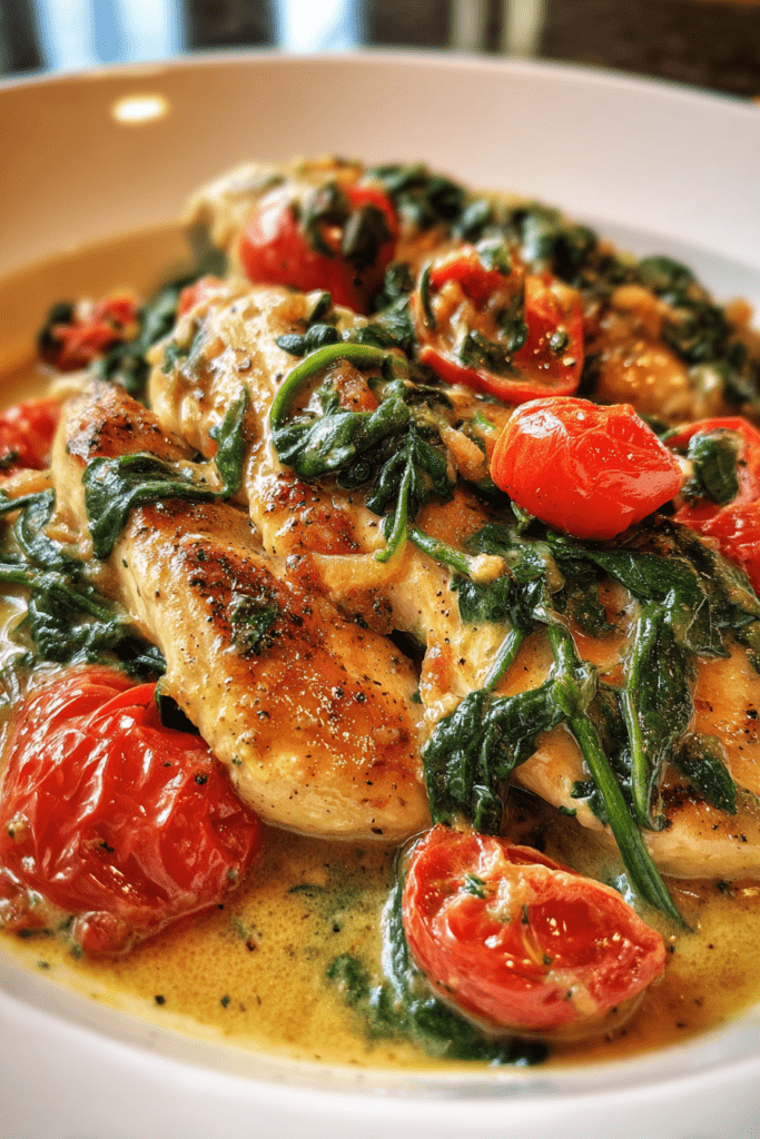 one pot valentine creamy tuscan chicken with spinach tomatoes