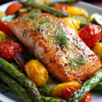 sheet pan gluten free salmon and vegetables with lemon dill