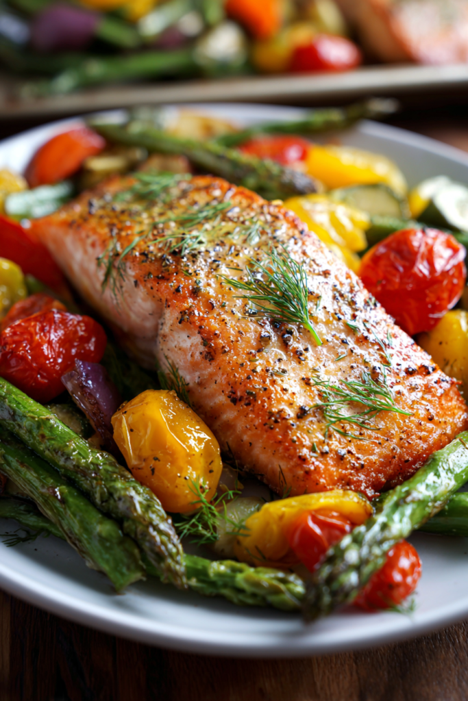 sheet pan gluten free salmon and vegetables with lemon dill