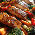 sheet pan valentine honey mustard salmon with roasted vegetables