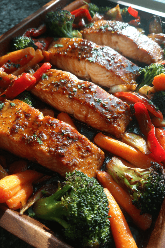 sheet pan valentine honey mustard salmon with roasted vegetables