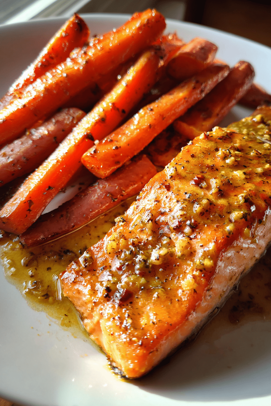 sheet pan valentine maple dijon salmon with roasted carrots