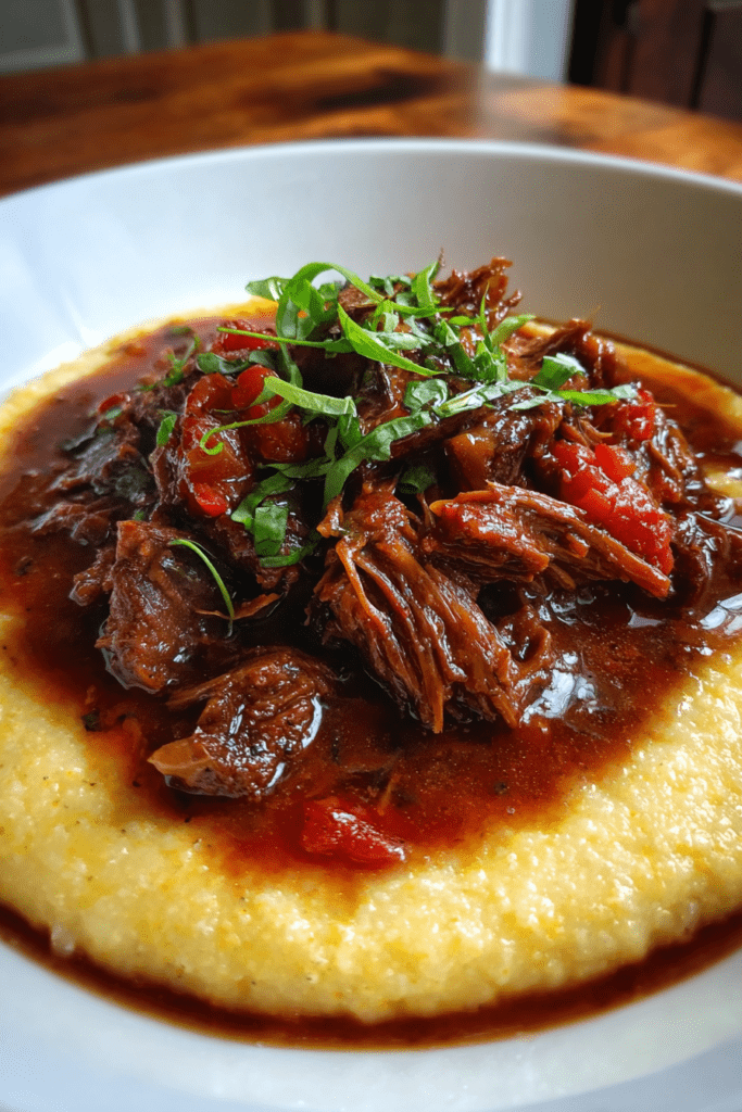 slow cooker valentine red wine beef ragu over polenta