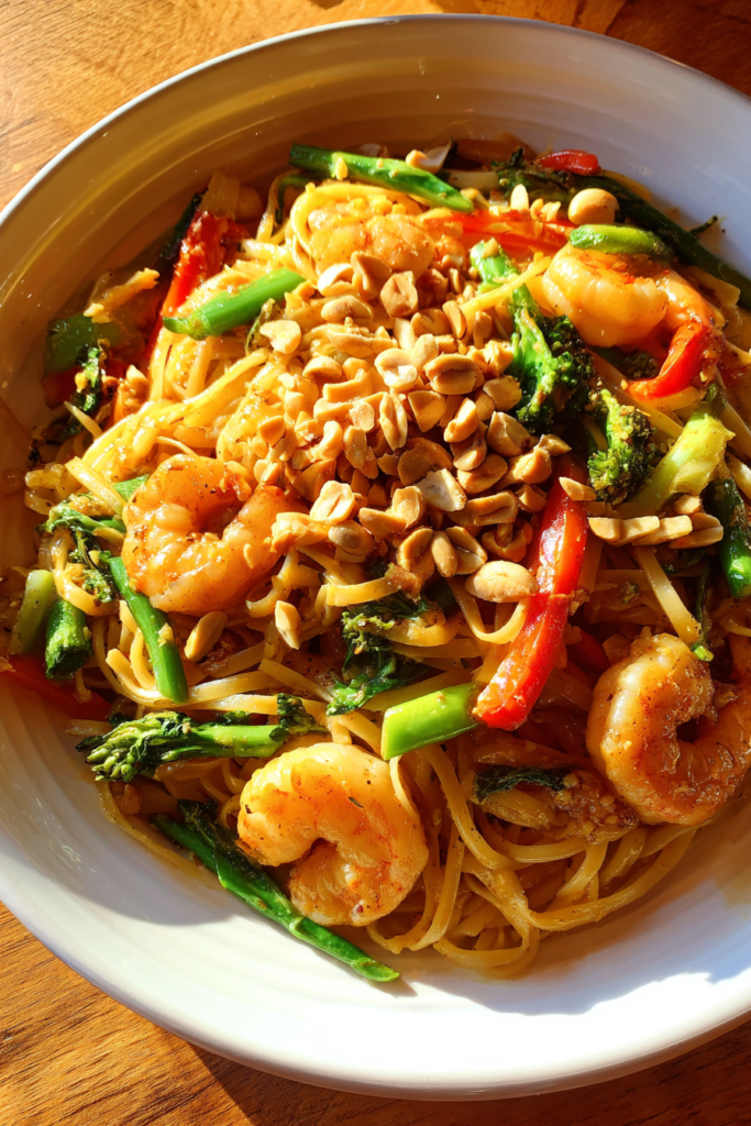 takeout style gluten free pad thai with shrimp and peanuts