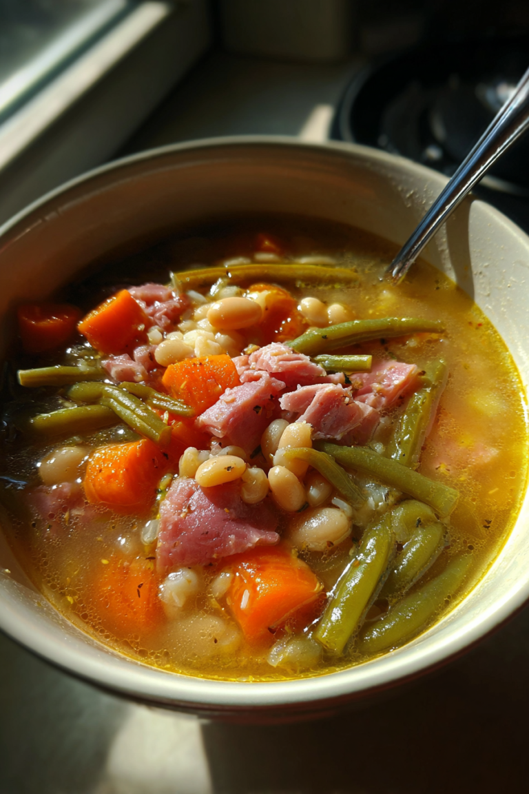 takeout style ham and bean soup with tender vegetables