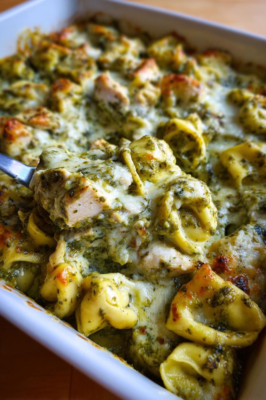 Creamy Pesto Chicken Tortellini Bake